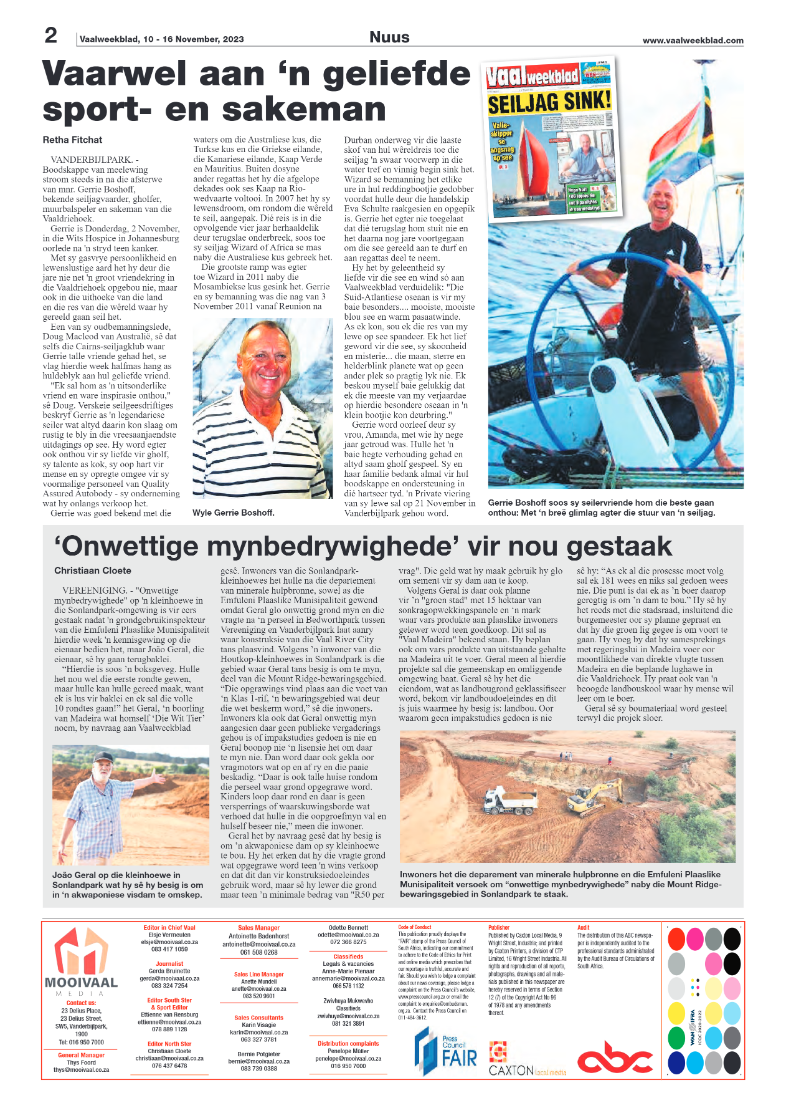 Vaalweekblad, 10 – 16 November, 2023 page 2