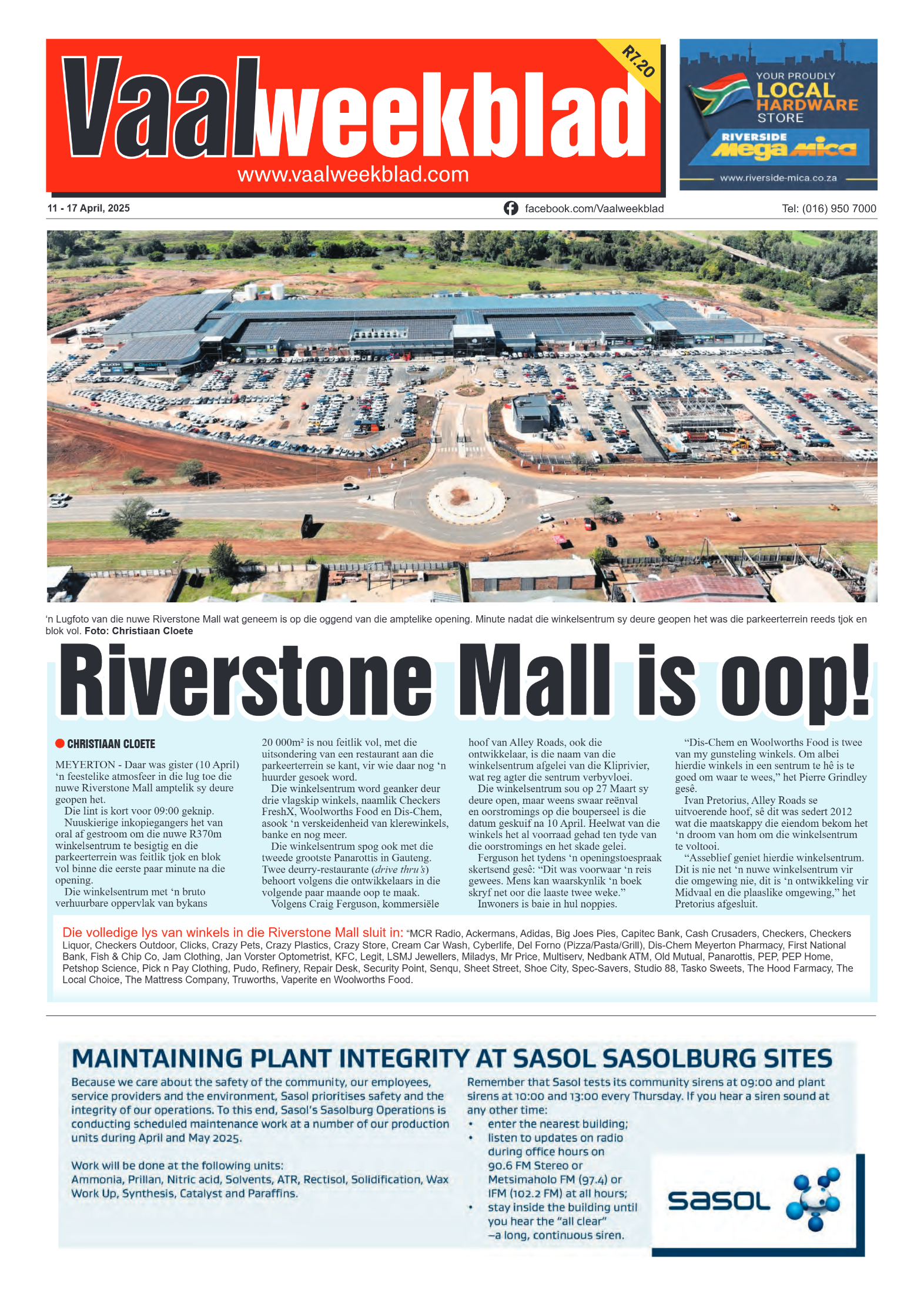 Vaalweekblad 11 – 17 April, 2025 page 1