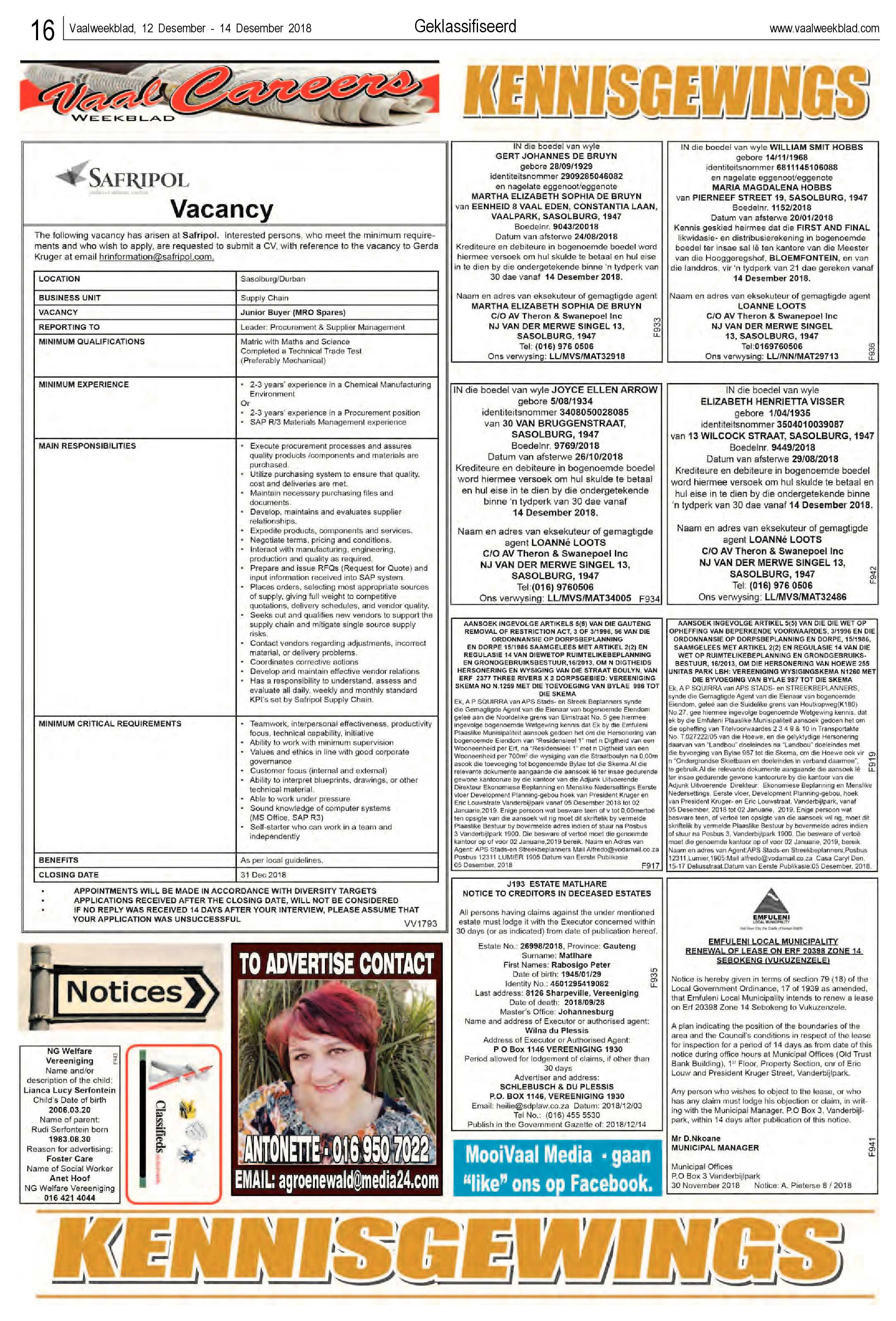 Vaalweekblad 12 – 15 December 2018 page 16