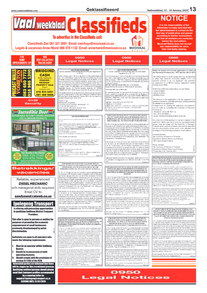 Vaalweekblad, 12 – 18 January, 2024 page 13
