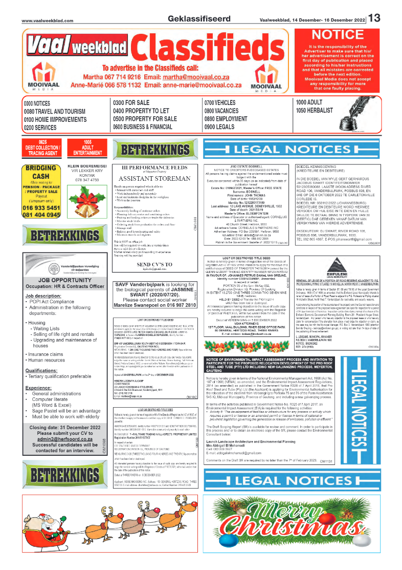 Vaalweekblad, 14 Desember- 16 Desember 2022 page 13