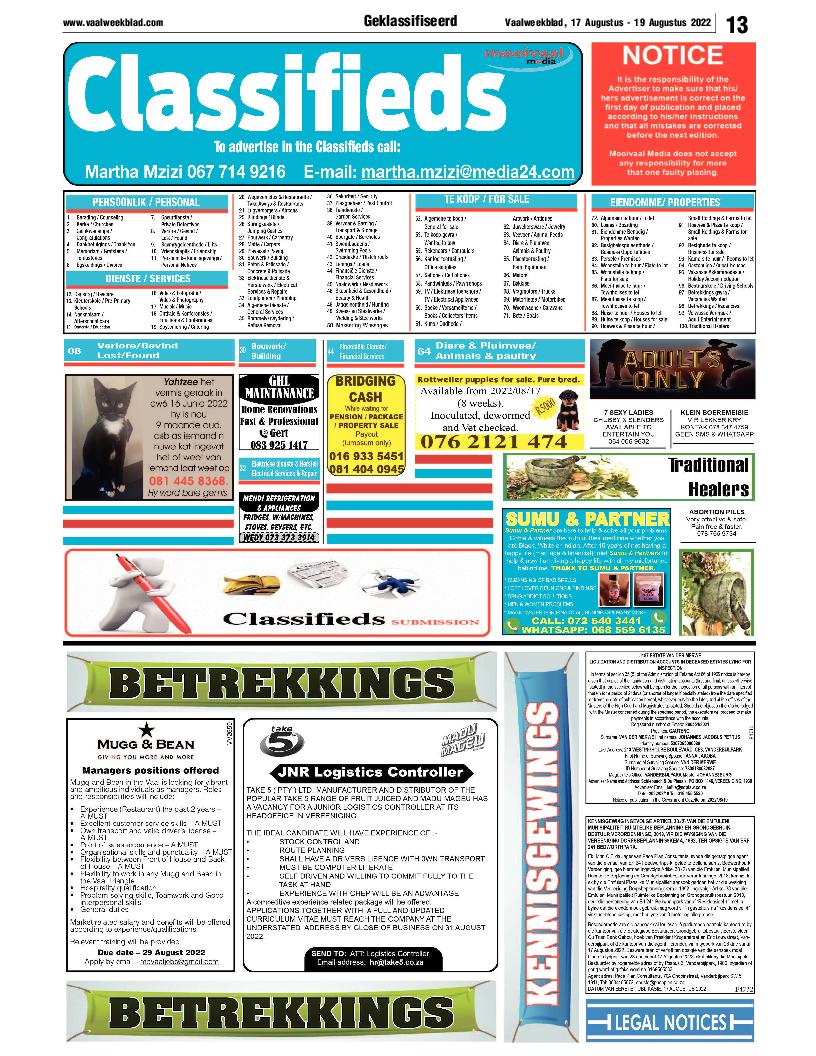Vaalweekblad, 17 Augustus – 19 Augustus 2022 page 13