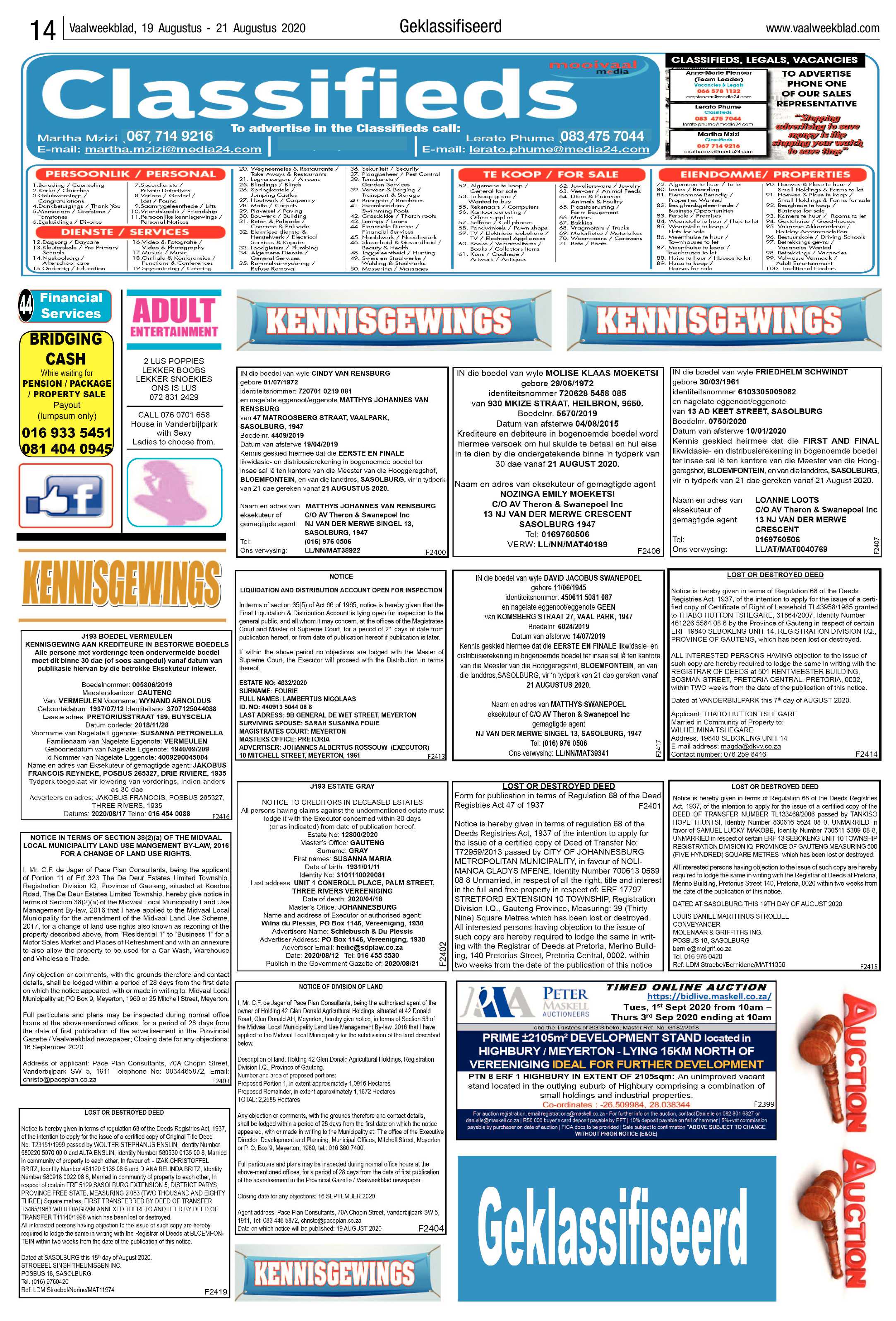 Vaalweekblad, 19 Augustus – 21 Augustus 2020 page 14