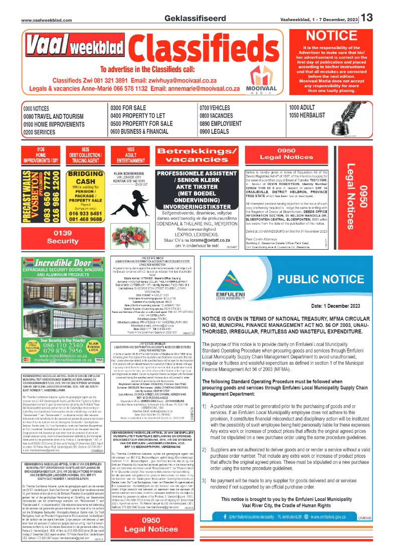 Vaalweekblad, 1 – 7 December, 2023 page 13