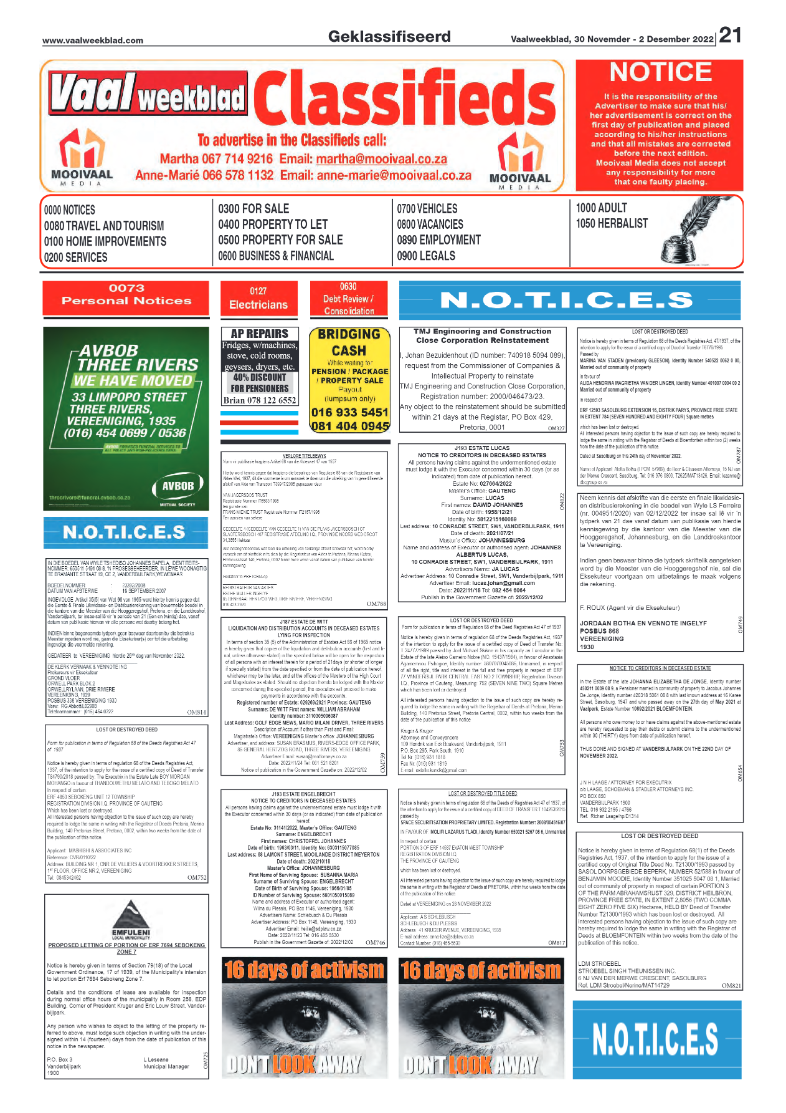 Vaalweekblad, 30 Novemder – 2 Desember 2022 page 21
