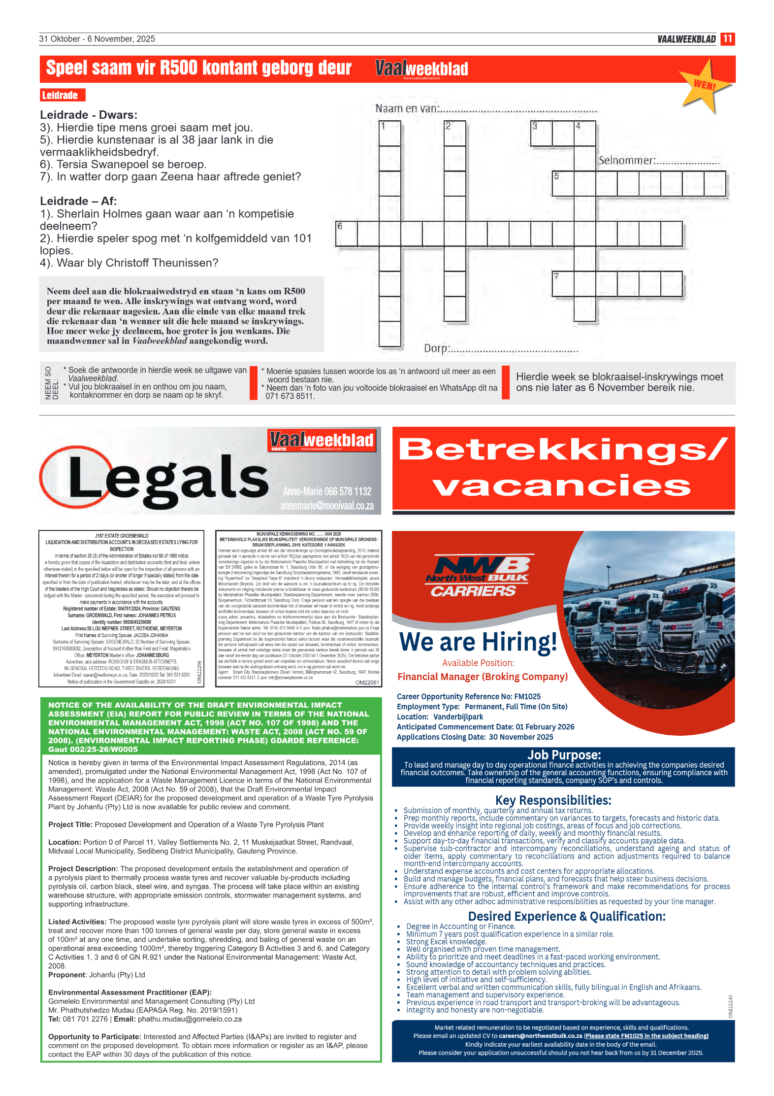 Vaalweekblad 31 Oktober – 6 November, 2025 page 11