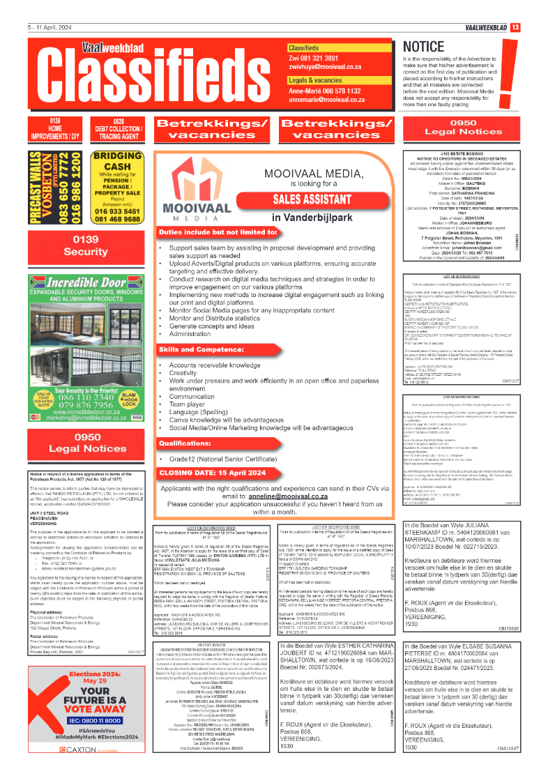 Vaalweekblad 5 – 11 April, 2024 page 13
